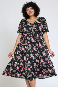 Floral Angel Sleeve Midi Dress Plus Size 1x 2x 3x