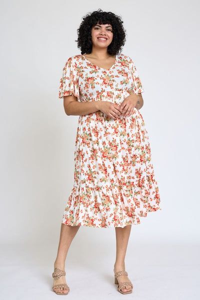 Floral Angel Sleeve Midi Dress Plus Size 1x 2x 3x