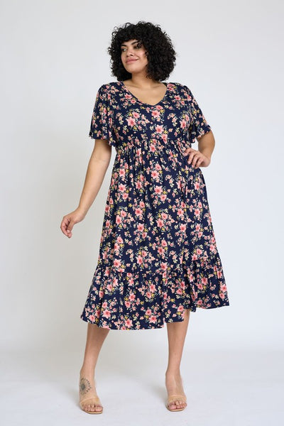 Floral Angel Sleeve Midi Dress Plus Size 1x 2x 3x