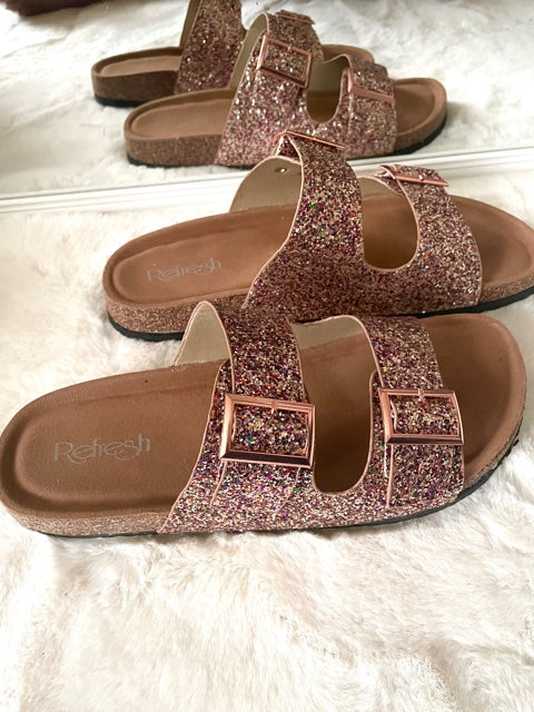 Shoes Glitter Double Buckle Slides Rose Gold Multi Color Women s AphroditiesCurves