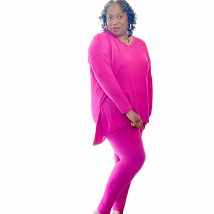 Plus Size Microfiber Long Sleeve Microfiber Top & Leggings Loungewear Set Magenta