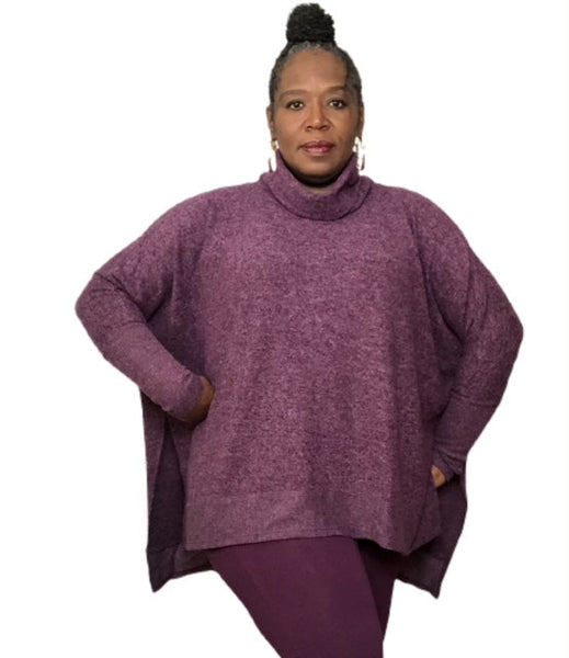 Soft, cozy cowl neck dolman sleeve sweater plus size 1x 2x 3x purple